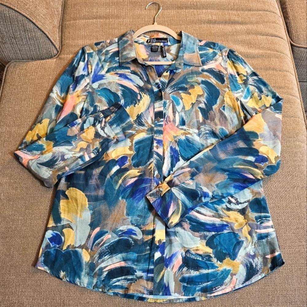 French Dressing Jeans Blue Abstract Art To Wear Casual Floral Button Top Medium